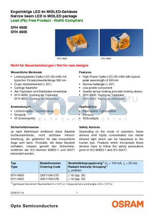 SFH4605 datasheet - Engwinklige LED im MIDLED-Gehause Narrow beam LED in MIDLED package Lead (Pb) Free Product - RoHS Compliant