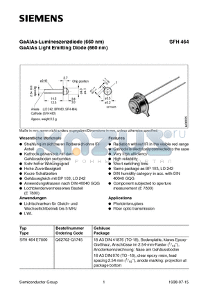 SFH464 datasheet - GaAlAs-Lumineszenzdiode 660 nm GaAlAs Light Emitting Diode 660 nm