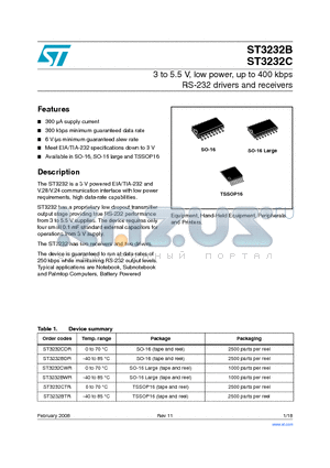 ST3232B_08 datasheet - 3 to 5.5 V, low power, up to 400 kbps RS-232 drivers and receivers