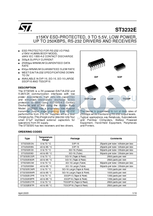 ST3232E datasheet - a15KV ESD-PROTECTED, 3 TO 5.5V, LOW POWER, UP TO 250KBPS, RS-232 DRIVERS AND RECEIVERS