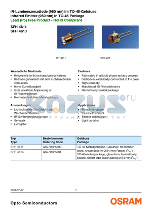 SFH4811 datasheet - IR-Lumineszenzdiode (950 nm) im TO-46-Geh^se Infrared Emitter (950 nm) in TO-46 Package Lead (Pb) Free Product - RoHS Compliant