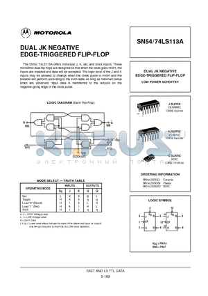 SN74LS113A datasheet - DUAL JK NEGATIVE EDGE-TRIGGERED FLIP-FLOP