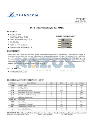 TC3532 datasheet - 4.9 - 6 GHz 29dBm Single-Bias MMIC