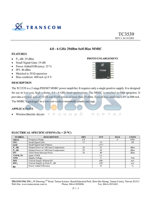 TC3539 datasheet - 4.8 - 6 GHz 29dBm Self-Bias MMIC