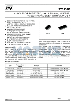 ST3237E datasheet - ^5KV ESD-PROTECTED, 1mA, 3 TO 5.5V, 250KBPS, RS-232 TRANSCEIVER WITH STAND-BY