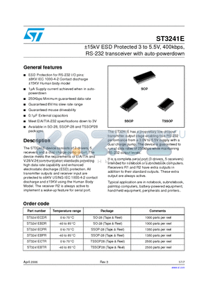 ST3241EBTR datasheet - a15kV ESD Protected 3 to 5.5V, 400kbps, RS-232 transceiver with auto-powerdown
