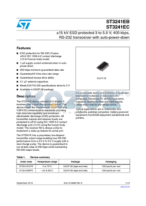 ST3241EB_10 datasheet - a15 kV ESD protected 3 to 5.5 V, 400 kbps, RS-232 transceiver with auto-power-down