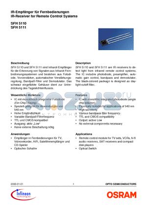 SFH5110 datasheet - IR-Receiver for Remote Control Systems