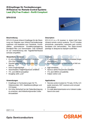 SFH5110 datasheet - IR-Empfanger fur Fernbedienungen IR-Receiver for Remote Control Systems Lead (Pb) Free Product - RoHS Compliant