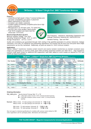 TMS-100A1-J datasheet - 10 Base-T Single Port SMD Transformer Modules