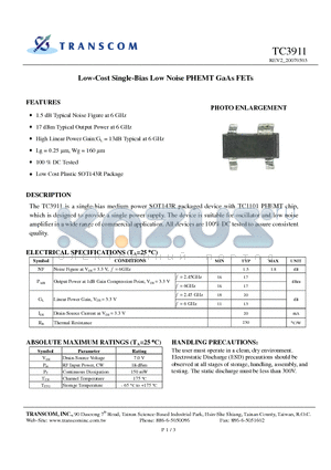 TC3911 datasheet - Low-Cost Single-Bias Low Noise PHEMT GaAs FETs