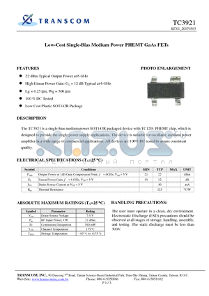 TC3921 datasheet - Low - Cost Single-Bias Medium Power PHEMT GaAs FETs