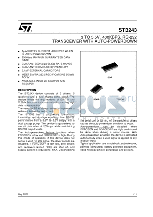 ST3243 datasheet - 3 TO 5.5V, 400KBPS, RS-232 TRANSCEIVER WITH AUTO-POWERDOWN
