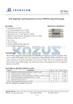 TC3943 datasheet - 0.5W Single-Bias and Prematched GaAs Power PHEMTs using SMT package