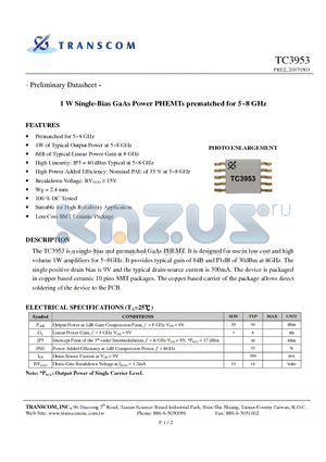 TC3953 datasheet - 1 W Single-Bias GaAs Power PHEMTs prematched for 5~8 GHz