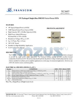 TC3957 datasheet - 1W Packaged Single-Bias PHEMT GaAs Power FETs