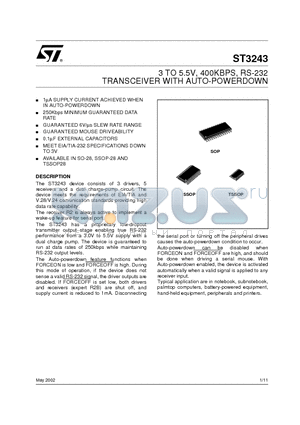 ST3243CDR datasheet - 3 TO 5.5V, 400KBPS, RS-232 TRANSCEIVER WITH AUTO-POWERDOWN