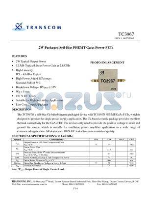 TC3967 datasheet - 2W Packaged Self-Bias PHEMT GaAs Power FETs