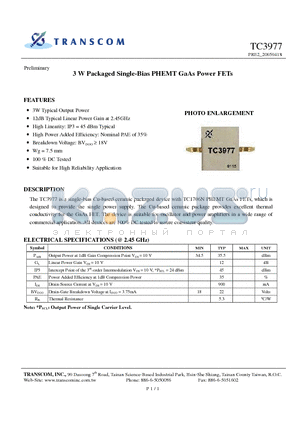 TC3977 datasheet - 3 W Packaged Single-Bias PHEMT GaAs Power FETs