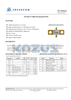 TC3989A datasheet - 5.0 GHz 37 dBm Prematched FETs