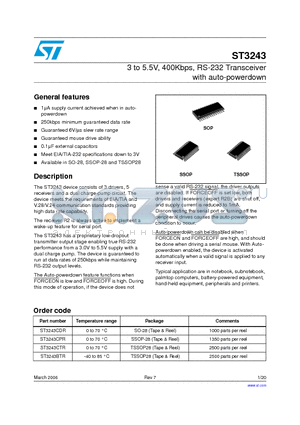 ST3243CTR datasheet - 3 to 5.5V, 400Kbps, RS-232 Transceiver with auto-powerdown