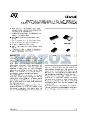 ST3243E datasheet - a15KV ESD PROTECTED 3 TO 5.5V, 400KBPS, RS-232 TRANSCEIVER WITH AUTO-POWERDOWN