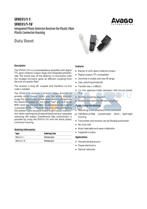 SFH551 datasheet - Integrated Photo Detector Receiver for Plastic Fiber Plastic Connector Housing