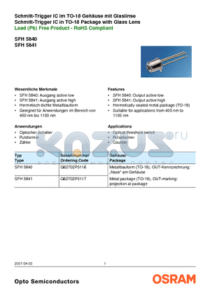SFH5841 datasheet - Schmitt-Trigger IC in TO-18 Package with Glass Lens