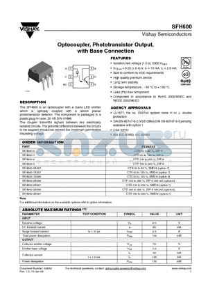 SFH600-0X007 datasheet - Optocoupler, Phototransistor Output, with Base Connection