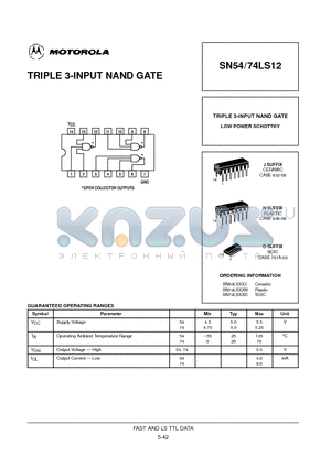 SN74LS12N datasheet - TRIPLE 3-INPUT NAND GATE