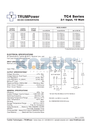 TC4-10D1215 datasheet - DC/DC CONVERTERS 2:1 Input, 10 Watt