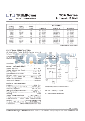 TC4-10S1205 datasheet - DC/DC CONVERTERS 2:1 Input, 10 Watt