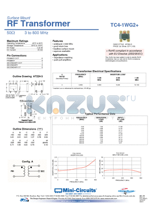 TC4-1WG2+ datasheet - Surface Mount RF Transformer