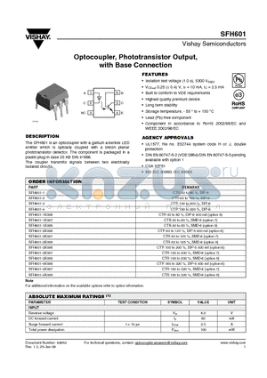 SFH601-1 datasheet - Optocoupler, Phototransistor Output, with Base Connection