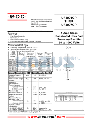 UF4005GP datasheet - 1 Amp Glass Passivated Ultra Fast Recovery Rectifier 50 to 1000 Volts