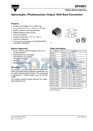SFH601-1X007 datasheet - Optocoupler, Phototransistor Output, With Base Connection