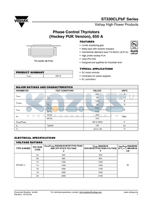 ST330C16L2PBF datasheet - Phase Control Thyristors (Hockey PUK Version), 650 A