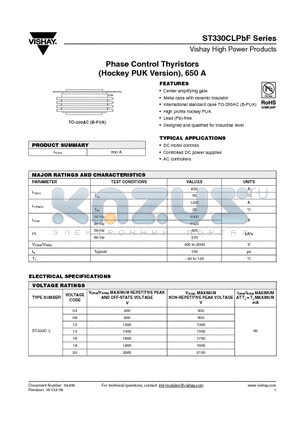 ST330C16L1PBF datasheet - Phase Control Thyristors (Hockey PUK Version), 650 A