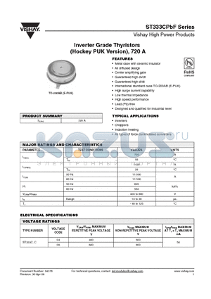 ST333C08CHK1LP datasheet - Inverter Grade Thyristors (Hockey PUK Version), 720 A