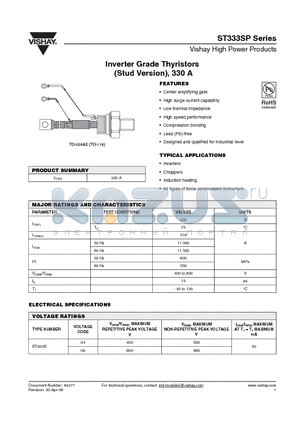 ST333S08PFL0P datasheet - Inverter Grade Thyristors (Stud Version), 330 A