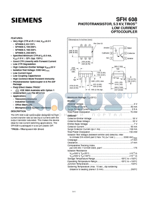 SFH608-5 datasheet - PHOTOTRANSISTOR, 5.3 KV, TRIOS LOW CURRENT OPTOCOUPLER