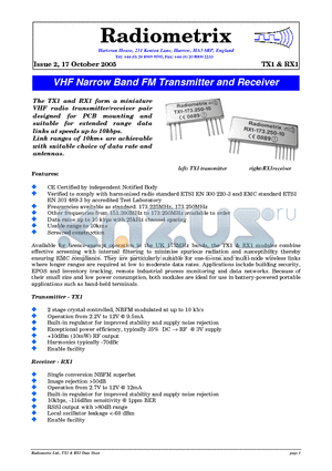 RX1-121.500-10 datasheet - VHF Narrow Band FM Transmitter and Receiver