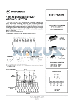 SN74LS145D datasheet - 1-OF-10 DECODER/DRIVER OPEN-COLLECTOR