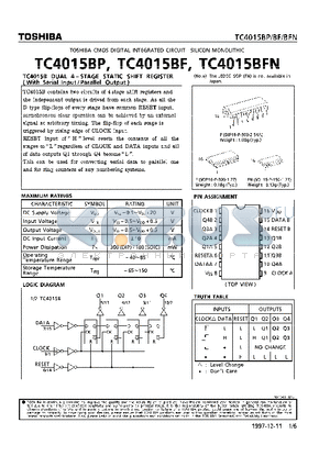 TC4015BP datasheet - DUAL 4-STAGE STATIC SHIFT REGISTER (WITH SERIAL INPUT/PARALLEL OUTPUT)