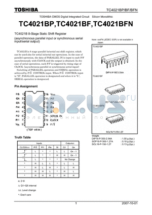 TC4021BP datasheet - 8-Stage Static Shift Register (asynchronous parallel input or synchronous serial input/serial output)