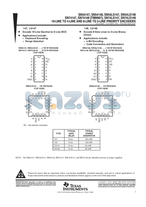 SN74LS148N datasheet - 10 LINE TO 4 LINE AND 8 LINE TO 3 LINE PRIORITY ENCODERS