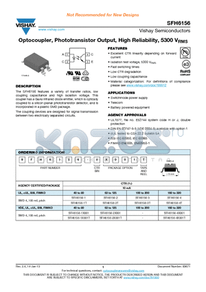 SFH6156-4X001 datasheet - Optocoupler, Phototransistor Output, High Reliability, 5300 VRMS