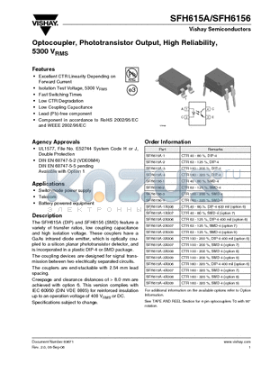 SFH615A-2 datasheet - Optocoupler, Phototransistor Output, High Reliability, 5300 VRMS