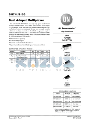 SN74LS153DR2 datasheet - Dual 4-Input Multiplexer LOW POWER SCHOTTKY