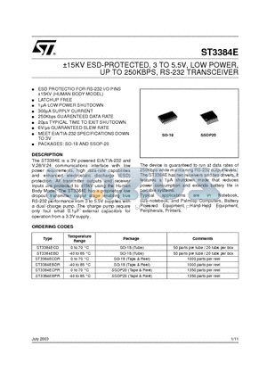 ST3384EBDR datasheet - a15KV ESD-PROTECTED, 3 TO 5.5V, LOW POWER, UP TO 250KBPS, RS-232 TRANSCEIVER